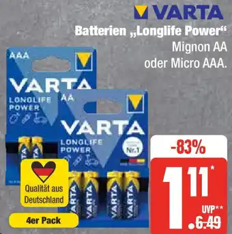 Edeka VARTA Batterien ,,Longlife Power" 4er Pack Angebot