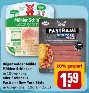 REWE City Rügenwalder Mühle Mühlen Schinken 100g oder Steinhaus Pastrami New York Style 60g Angebot