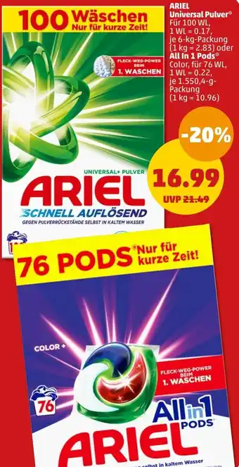 PENNY ARIEL Universal Pulver 6 kg oder All in 1 Pods 1.550,4 g Packung Angebot