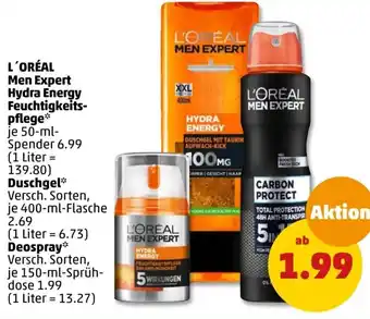 PENNY L'ORÉAL Men Expert Hydra Energy Feuchtigkeitspflege 50 ml Spender oder Duschgel 400 ml Flasche Angebot