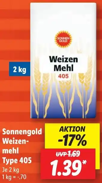 Lidl Sonnengold Weizenmehl Type 405, 2 kg Angebot