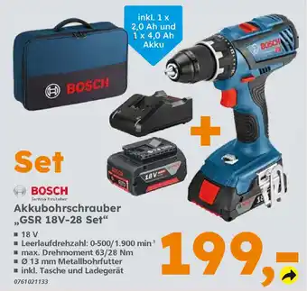 Globus Baumarkt BOSCH Akkubohrschrauber ,,GSR 18V-28 Set" Angebot