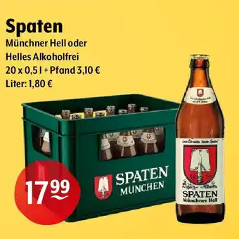 Getränke Hoffmann Spaten Münchner Hell oder Helles Alkoholfrei 20 x 0,5 L Angebot