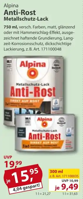 Sonderpreis Baumarkt Alpina Anti-Rost Metallschutz-Lack 750ml Angebot