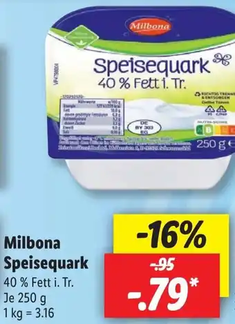 Lidl Milbona Speisequark 250 g Angebot