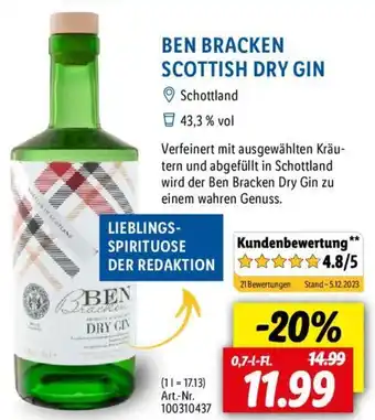 Lidl BEN BRACKEN SCOTTISH DRY GIN 0,7 L-Fl. Angebot