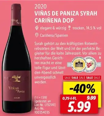 Lidl 2020 VIÑAS DE PANIZA SYRAH CARIÑENA DOP 0,75 L-Fl. Angebot