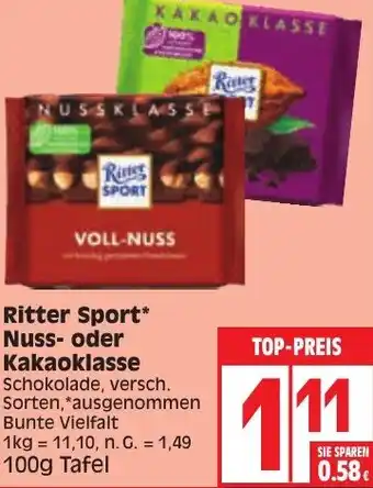 Edeka Ritter Sport Nuss oder Kakaoklasse 100 g Tafel Angebot