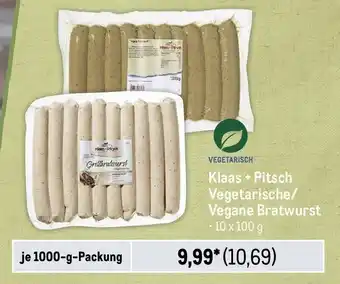 METRO Klaas + Pitsch Vegetarische/ Vegane Bratwurst je 1000-g-Packung Angebot
