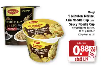 Wasgau Maggi 5 Minuten Terrine, Asia Noodle Cup oder Saucy Noodle Cup 41-75g Becher Angebot