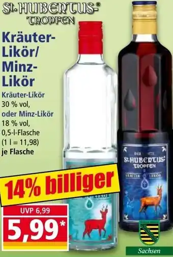 Norma St. Hubertus Tropfen Kräuter-Likör/ Minz Likör 0,5 L Flasche Angebot