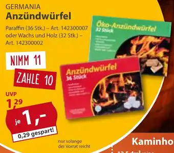 Sonderpreis Baumarkt GERMANIA Anzündwürfel Paraffin (36 Stk.) oder Wachs und Holz (32 Stk.) Angebot