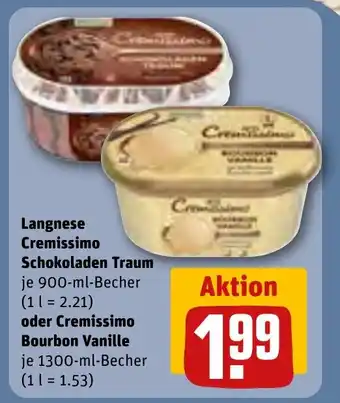 REWE Langnese Cremissimo Schokoladen Traum je 900-ml-Becher oder Cremissimo Bourbon Vanille je 1300-ml-Becher Angebot