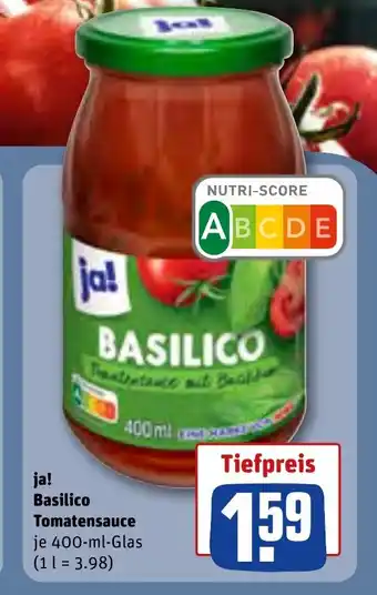 REWE ja! Basilico Tomatensauce je 400-ml-Glas Angebot