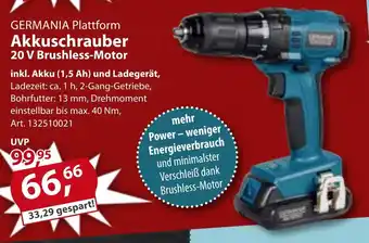 Sonderpreis Baumarkt GERMANIA Plattform Akkuschrauber 20 V Brushless-Motor Angebot