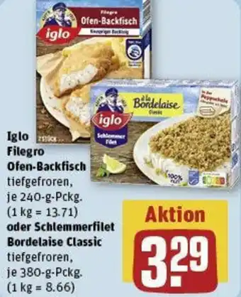 REWE Iglo Filegro Ofen-Backfisch 240 g oder Schlemmerfilet Bordelaise Classic 380 g Pckg. Angebot