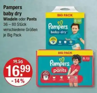 V Markt Pampers baby dry Windeln oder Pants 36-80 Stück verschiedene Größen je Big Pack Angebot