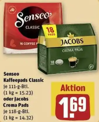 REWE Senseo Kaffeepads Classic 111-g-Btl.oder Jacobs Crema Pads 118-g-Btl. Angebot