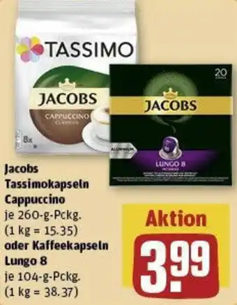 REWE Jacobs Tassimokapseln Cappuccino 260 g oder Kaffeekapseln Lungo 8, 104 g Pckg. Angebot