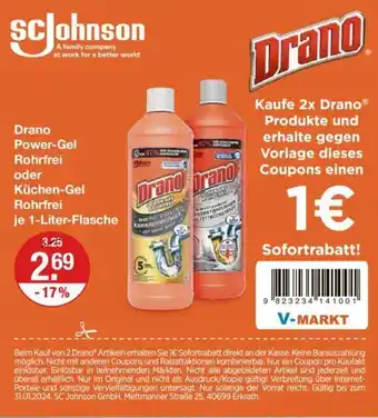 V Markt Drano Power-Gel Rohrfrei oder Küchen-Gel Rohrfrei je 1-Liter-Flasche Angebot