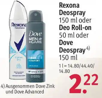 Rossmann Rexona Deospray 150 ml oder Deo Roll-on 50 ml oder Dove Deospray 150 ml Angebot