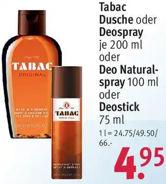 Rossmann Tabac Dusche oder Deospray 200 ml oder Deo Naturalspray 100 ml oder Deostick 75 ml Angebot