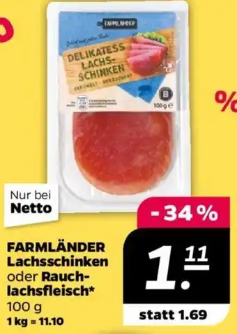 NETTO FARMLÄNDER Lachsschinken oder Rauchlachsfleisch 100 g Angebot