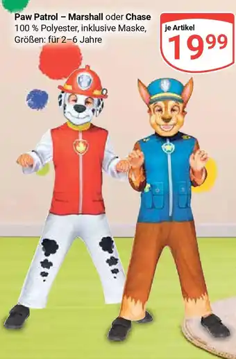 Globus Paw Patrol - Marshall oder Chase 100% Polyester, inklusive Maske, Größen: für 2-6 Jahre Angebot