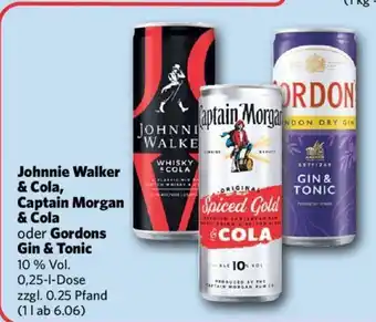 Combi Johnnie Walker & Cola, Captain Morgan & Cola oder Gordons Gin & Tonic 10% Vol. 0,25-1-Dose Angebot