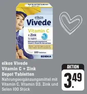 Schmidt's Märkte elkos Vivede Vitamin C + Zink Depot Tabletten Nahrungsergänzungsmittel mit Vitamin C, Vitamin D3, Zink und Selen 100 Stück Angebot