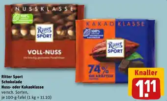 REWE Ritter Sport Schokolade Nuss oder Kakaoklasse 100 g Tafel Angebot