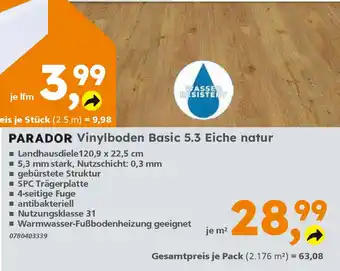 Globus Baumarkt PARADOR Vinylboden Basic 5.3 Eiche natur Angebot