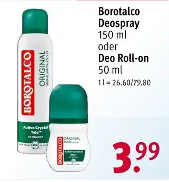 Rossmann Borotalco Deospray 150 ml oder Deo Roll-on 50 ml Angebot