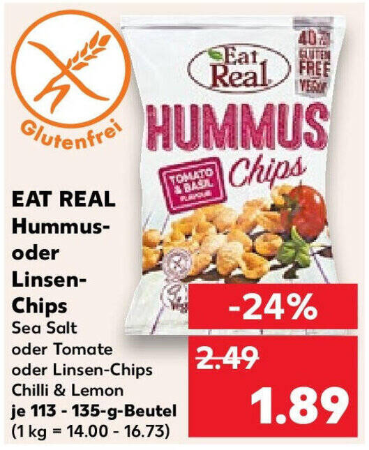 EAT REAL Hummus oder Linsen Chips 113135 g Beutel Angebot bei Kaufland