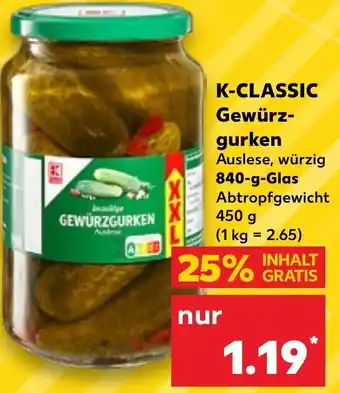 Kaufland K-CLASSIC Gewürzgurken 840 g Glas Angebot