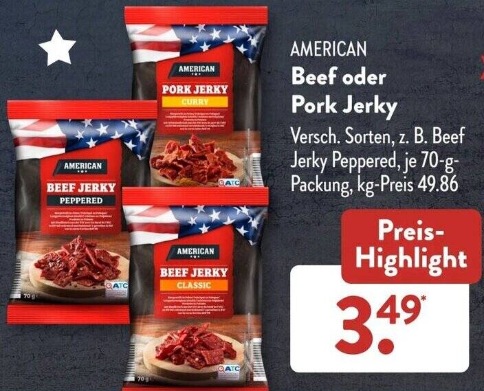AMERICAN Beef oder Pork Jerky 70 g Packung Angebot bei Aldi Süd