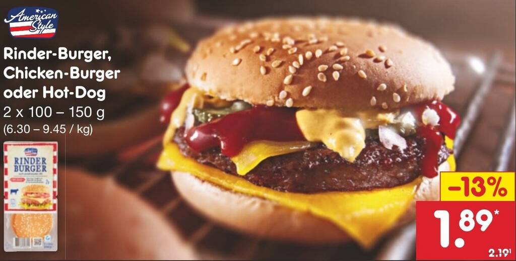 American Style RinderBurger, ChickenBurger oder HotDog 2 x 100150 g