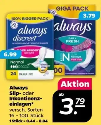 NETTO Always Slip- oder Inkontinenzeinlagen versch. Sorten 16-100 Stück Angebot