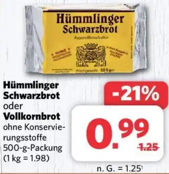 Combi Hümmlinger Schwarzbrot oder Vollkornbrot 500 g Packung Angebot