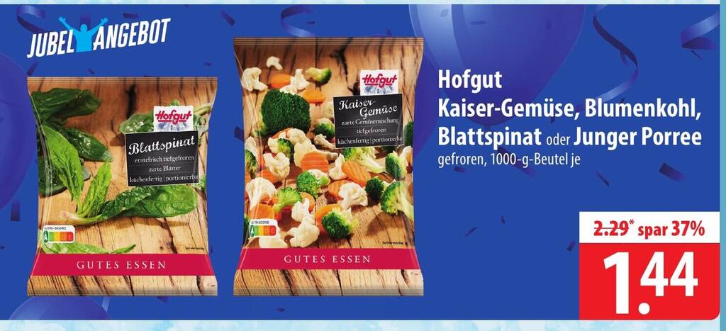 Hofgut Kaiser-Gemüse, Blumenkohl, Blattspinat oder Junger Porree ...