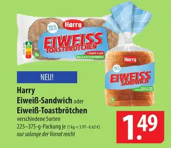 Famila Nord Ost Harry Eiweiß-Sandwich oder Eiweiß-Toastbrötchen verschiedene Sorten 225-375-g-Packung Angebot