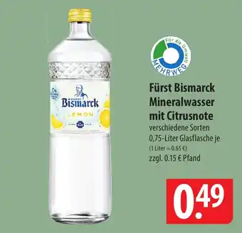 Famila Nord Ost Fürst Bismarck Mineralwasser mit Citrusnote verschiedene Sorten 0,75-Liter Glasflasche Angebot