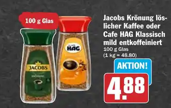 Hit Jacobs Krönung löslicher Kaffee oder Cafe HAG Klassisch mild entkoffeiniert 100 g Glas Angebot