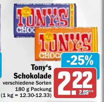 Hit Tony's Schokolade verschiedene Sorten 180 g Packung Angebot