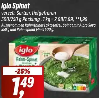 Simmel iglo Spinat 500/750 g Packung Angebot