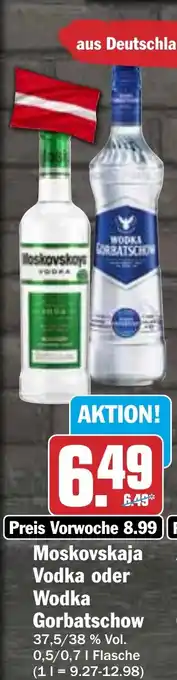 Hit Moskovska Vodka oder Wodka Gorbatschow 37,5/38 % Vol. 0,5/0,71 Flasche Angebot