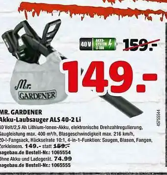 Hagebau Mr Gardener Akku-laubsauger Als 40-2 Li Angebot