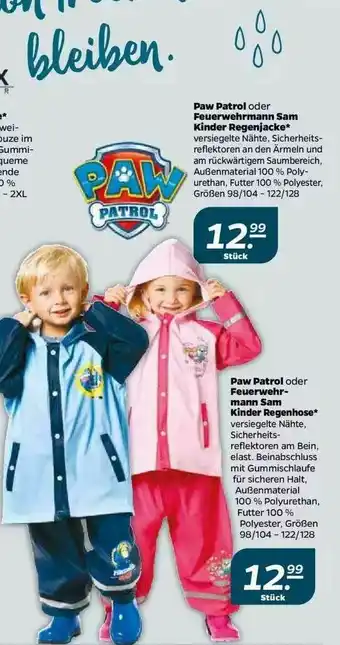 NETTO Paw Patrol Oder Feuerwehrmann Sam Kinder Regenjacke Oder Regenhose Angebot