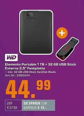 Saturn Wd Elements Portable 1tb + 12gb Usb Stick Externe 2.5 Angebot