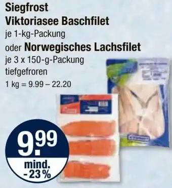 V Markt Siegfrost Viktoriasee Baschfilet 1 kg oder Norwegisches Lachsfilet 3x150 g Packung Angebot